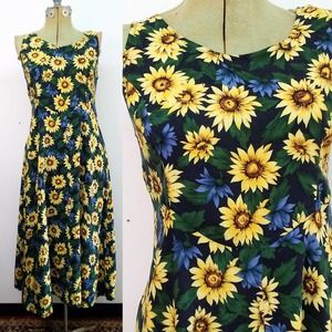 Vintage 90s Sunflower Print Maxi Dress Rayon Lace Up Back Size 5/6